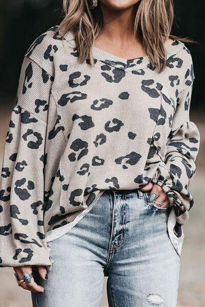 Plus Size Leopard V-Neck Dropped Shoulder T-Shirt Carauana Store