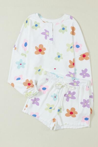 Printed Quarter Button Top and Drawstring Shorts Lounge Set Carauana Store