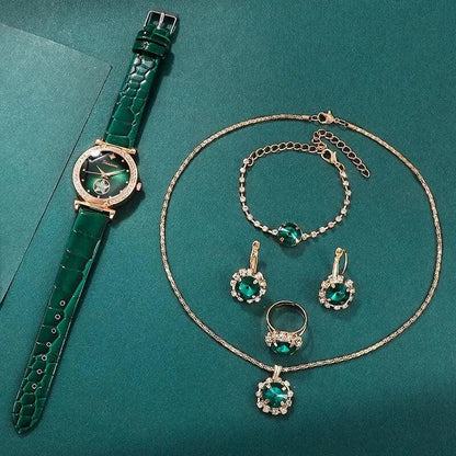Set jewelry Wristwatch 6PCS Green Luxury Ring Necklace Earring bracelet Rhinestone Carauana Store