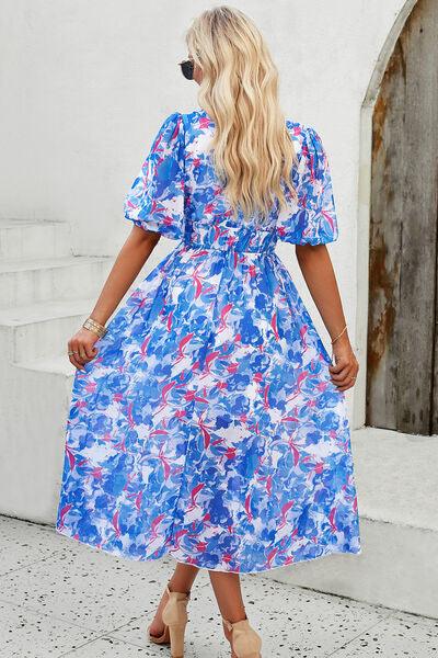 Smocked Printed V-Neck Short Sleeve Dress Carauana Store