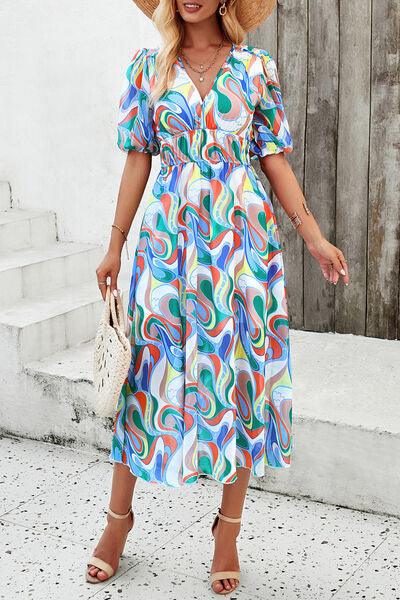 Smocked Printed V-Neck Short Sleeve Dress Carauana Store