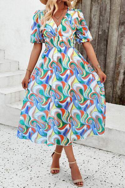Smocked Printed V-Neck Short Sleeve Dress Carauana Store