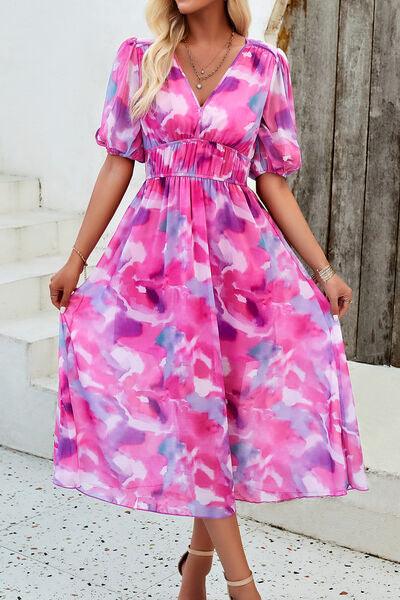 Smocked Printed V-Neck Short Sleeve Dress Carauana Store