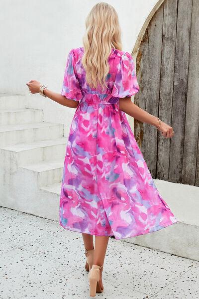 Smocked Printed V-Neck Short Sleeve Dress Carauana Store
