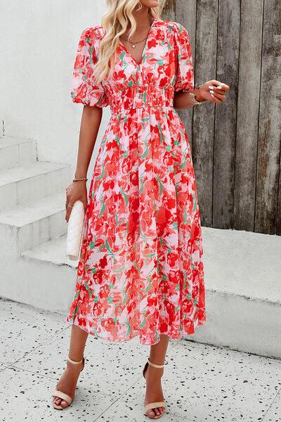 Smocked Printed V-Neck Short Sleeve Dress Carauana Store