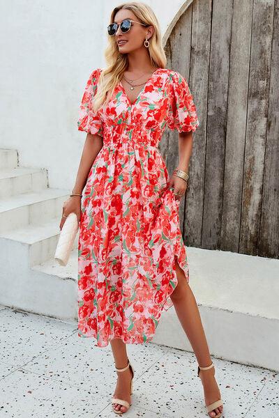 Smocked Printed V-Neck Short Sleeve Dress Carauana Store