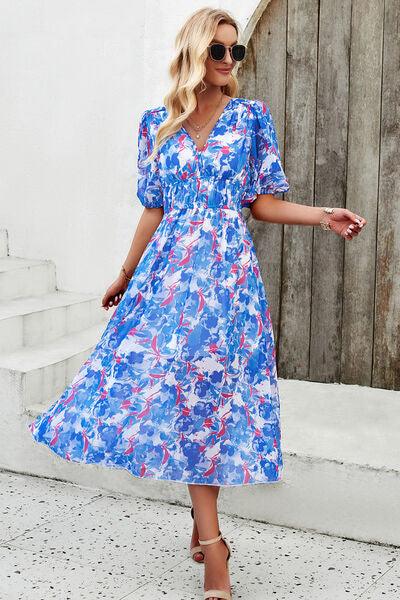 Smocked Printed V-Neck Short Sleeve Dress Carauana Store