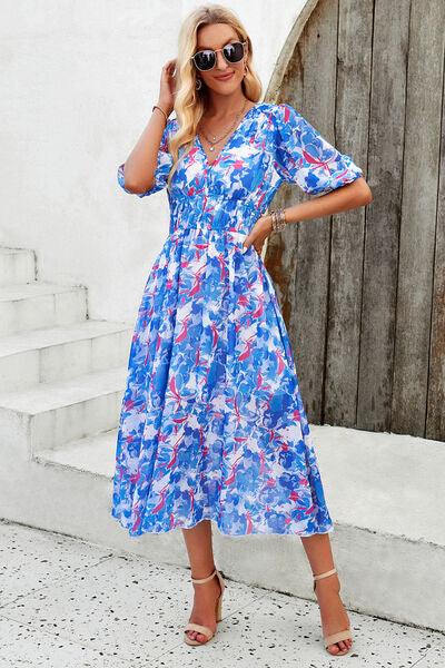 Smocked Printed V-Neck Short Sleeve Dress Carauana Store