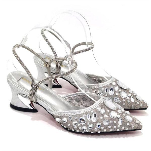 Venus Chan 2023 Fashion Rhinestone Heels Pointed-Toe Gold Colored Lace Tassel Design Elegant Luxury Shoes and Bag for Lady Party Carauana Store