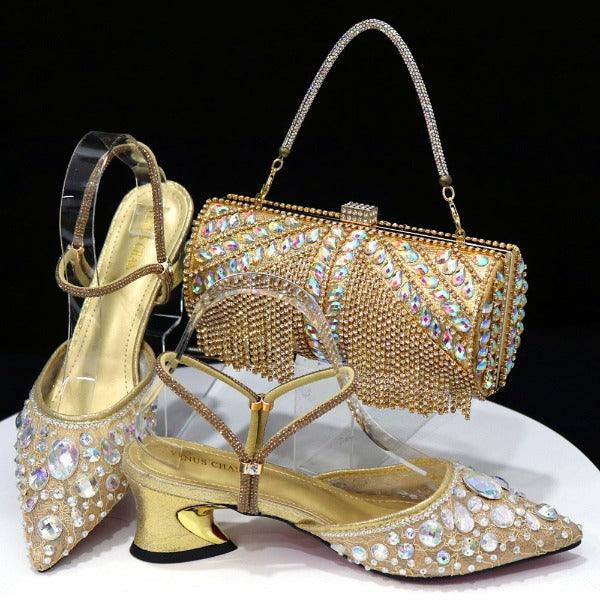 Venus Chan 2023 Fashion Rhinestone Heels Pointed-Toe Gold Colored Lace Tassel Design Elegant Luxury Shoes and Bag for Lady Party Carauana Store