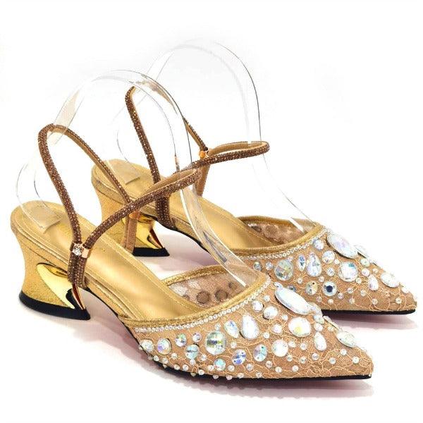 Venus Chan 2023 Fashion Rhinestone Heels Pointed-Toe Gold Colored Lace Tassel Design Elegant Luxury Shoes and Bag for Lady Party Carauana Store