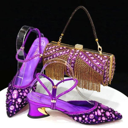 Venus Chan 2023 Fashion Rhinestone Heels Pointed-Toe Gold Colored Lace Tassel Design Elegant Luxury Shoes and Bag for Lady Party Carauana Store