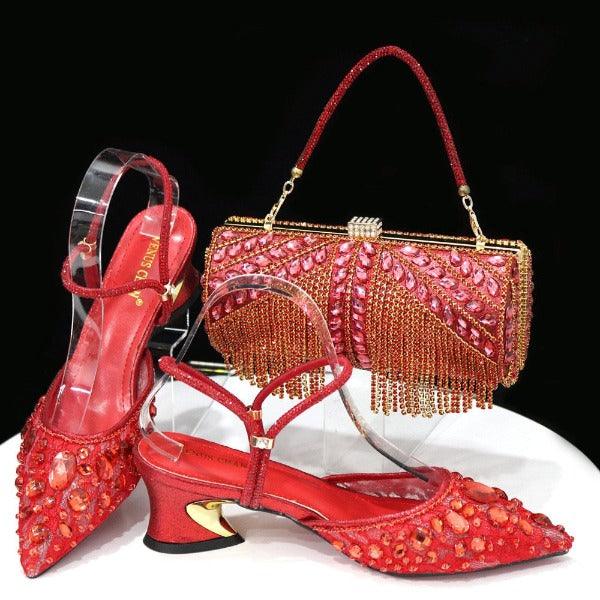 Venus Chan 2023 Fashion Rhinestone Heels Pointed-Toe Gold Colored Lace Tassel Design Elegant Luxury Shoes and Bag for Lady Party Carauana Store