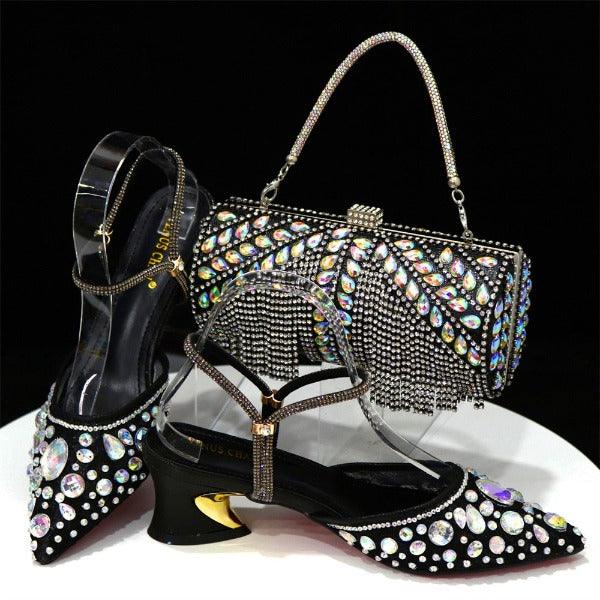 Venus Chan 2023 Fashion Rhinestone Heels Pointed-Toe Gold Colored Lace Tassel Design Elegant Luxury Shoes and Bag for Lady Party Carauana Store