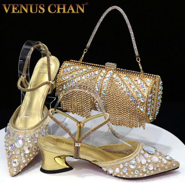 Venus Chan 2023 Fashion Rhinestone Heels Pointed-Toe Gold Colored Lace Tassel Design Elegant Luxury Shoes and Bag for Lady Party Carauana Store