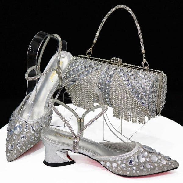 Venus Chan 2023 Fashion Rhinestone Heels Pointed-Toe Gold Colored Lace Tassel Design Elegant Luxury Shoes and Bag for Lady Party Carauana Store