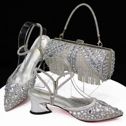 Venus Chan 2023 Fashion Rhinestone Heels Pointed-Toe Gold Colored Lace Tassel Design Elegant Luxury Shoes and Bag for Lady Party Carauana Store
