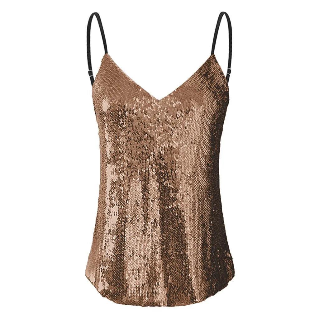 Vintage Sexy Women Sequin Vest Sleeveless Loose Camisole Casual V-Neck Tank Tops Fashion Loose Pullover Blouse Y2K Streetwear Carauana Store