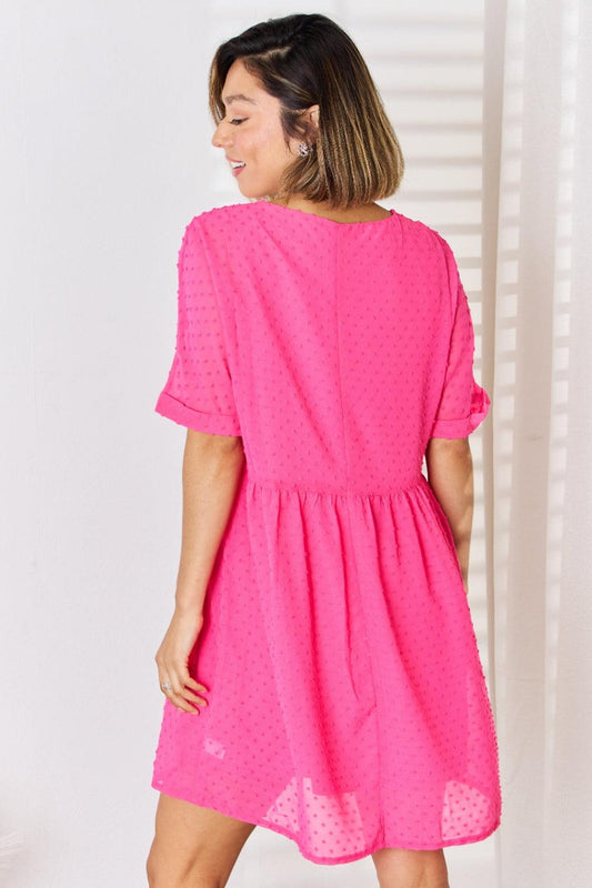 Zenana Swiss Dot Rolled Short Sleeve Babydoll Dress Carauana Store