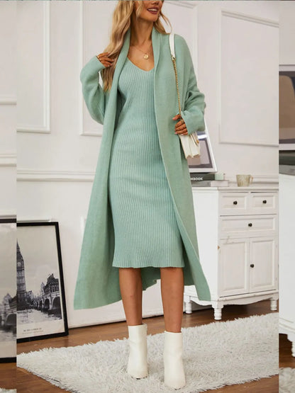 V-Neck Cami Dress and Open Front Cardigan Sweater Set Carauana Store