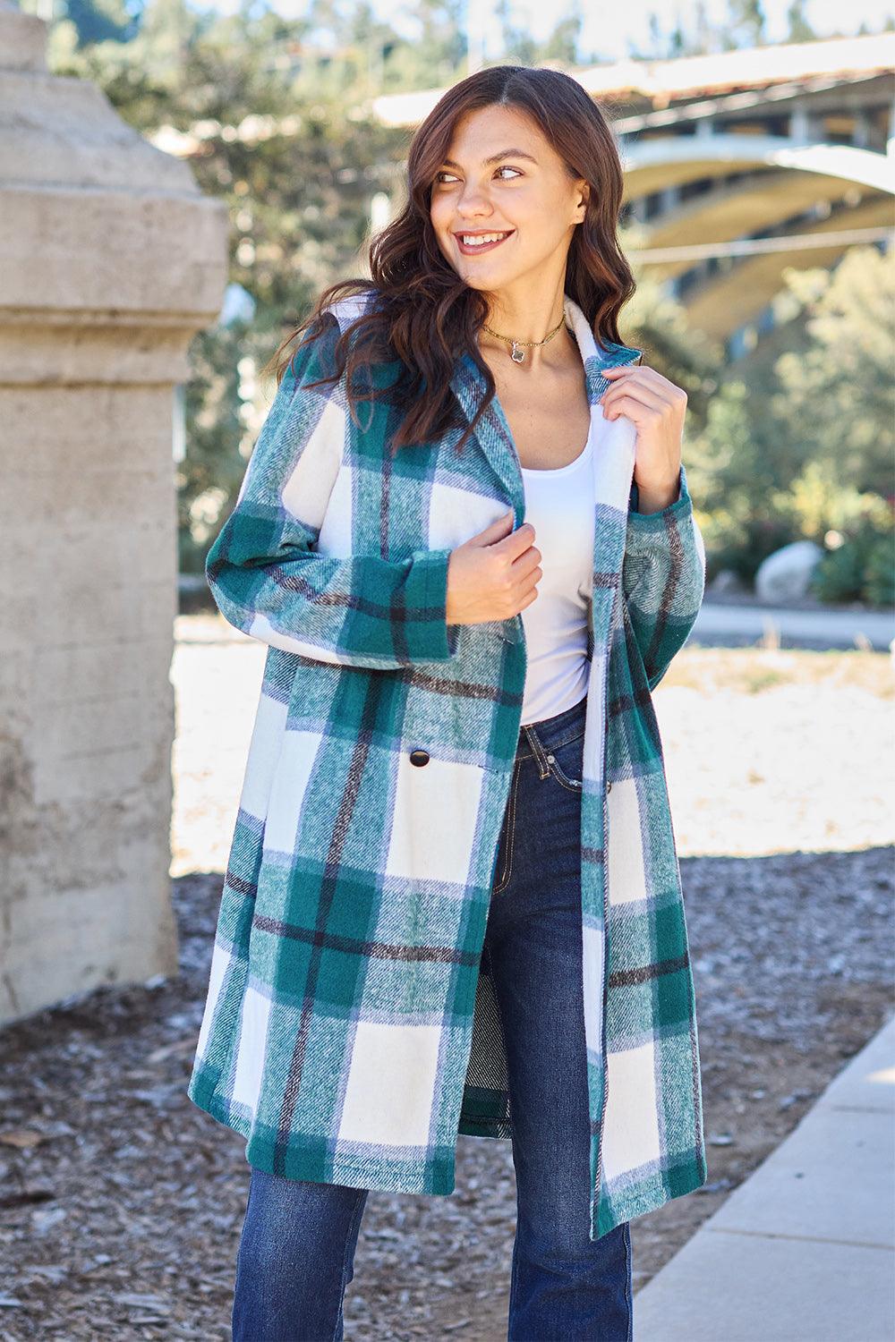 Double Take Full Size Plaid Button Up Lapel Collar Coat Carauana Store