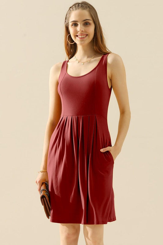 Doublju Full Size Round Neck Ruched Sleeveless Dress with Pockets Carauana Store