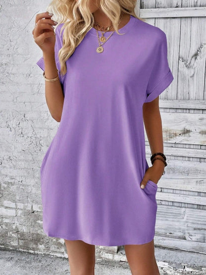 Pocketed Round Neck Short Sleeve Dress Carauana Store
