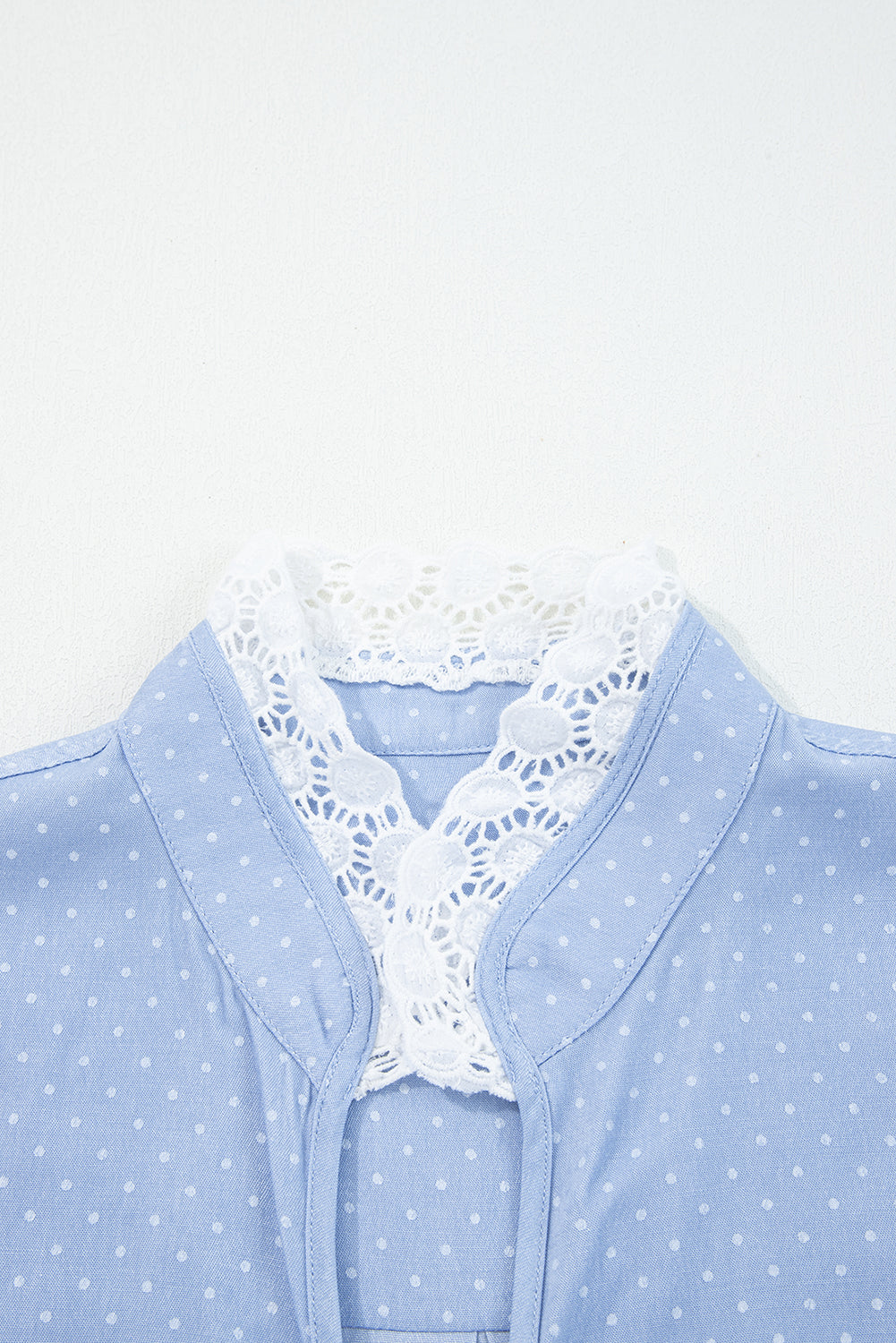 Beau Blue Lace Trim Patchwork Dotted Print Collared Denim Blouse