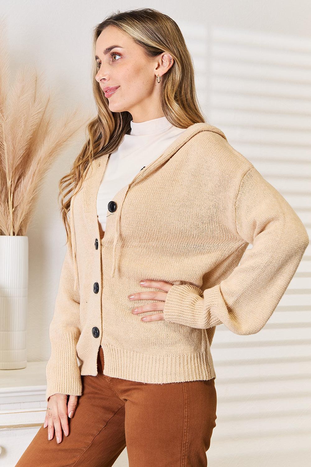Woven Right Button-Down Long Sleeve Hooded Sweater Carauana Store