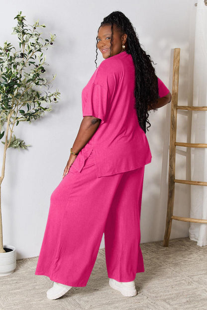 Double Take Full Size Round Neck Slit Top and Pants Set Carauana Store