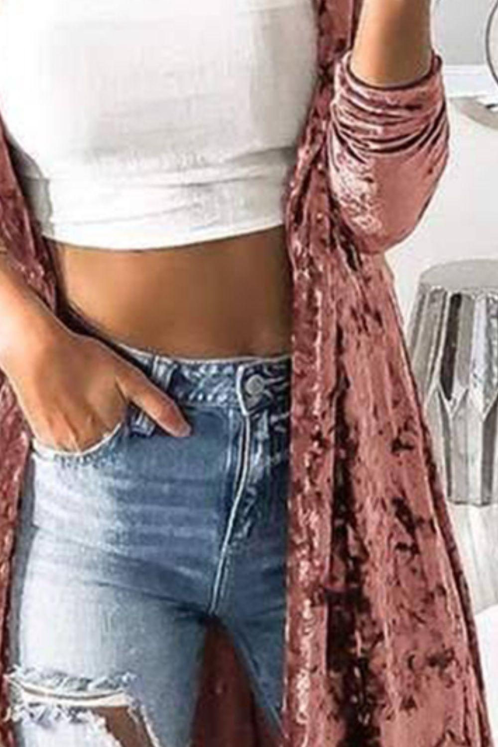 Open Front Long Sleeve Longline Velvet Cardigan Carauana Store