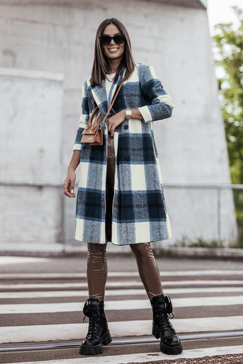 Double Take Full Size Plaid Button Up Lapel Collar Coat Carauana Store
