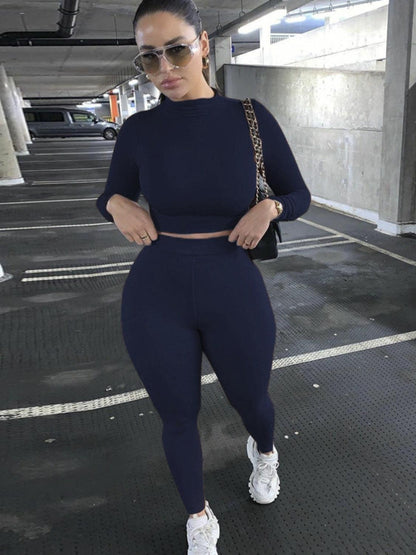 Mock Neck Long Sleeve Top and High Waist Pants Set Carauana Store