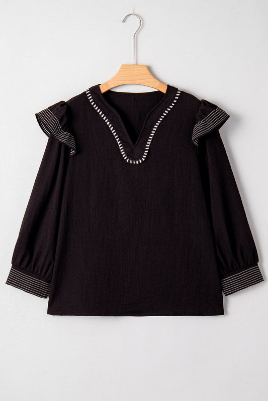 Black Contrast Stitched Detail V Neck Ruffle Long Sleeve Blouse