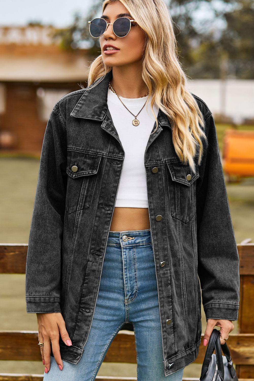 Buttoned Collared Neck Denim Jacket with Pockets Carauana Store