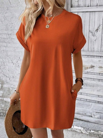 Pocketed Round Neck Short Sleeve Dress Carauana Store