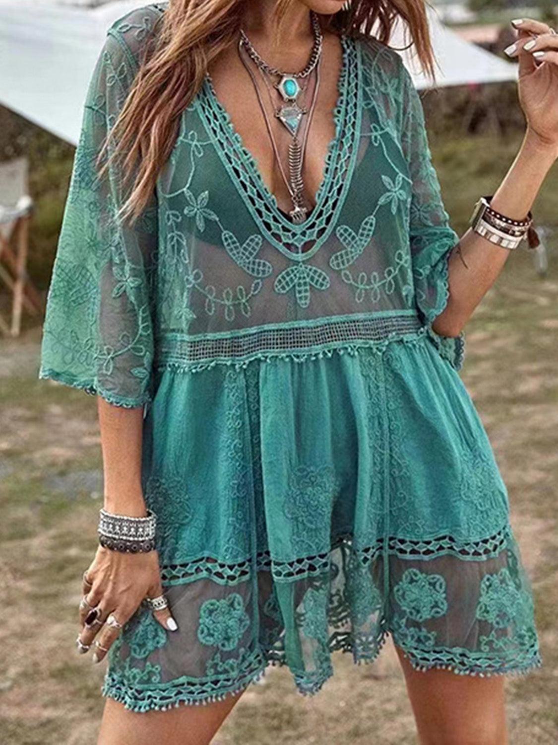 Lace Detail Plunge Cover-Up Dress Carauana Store