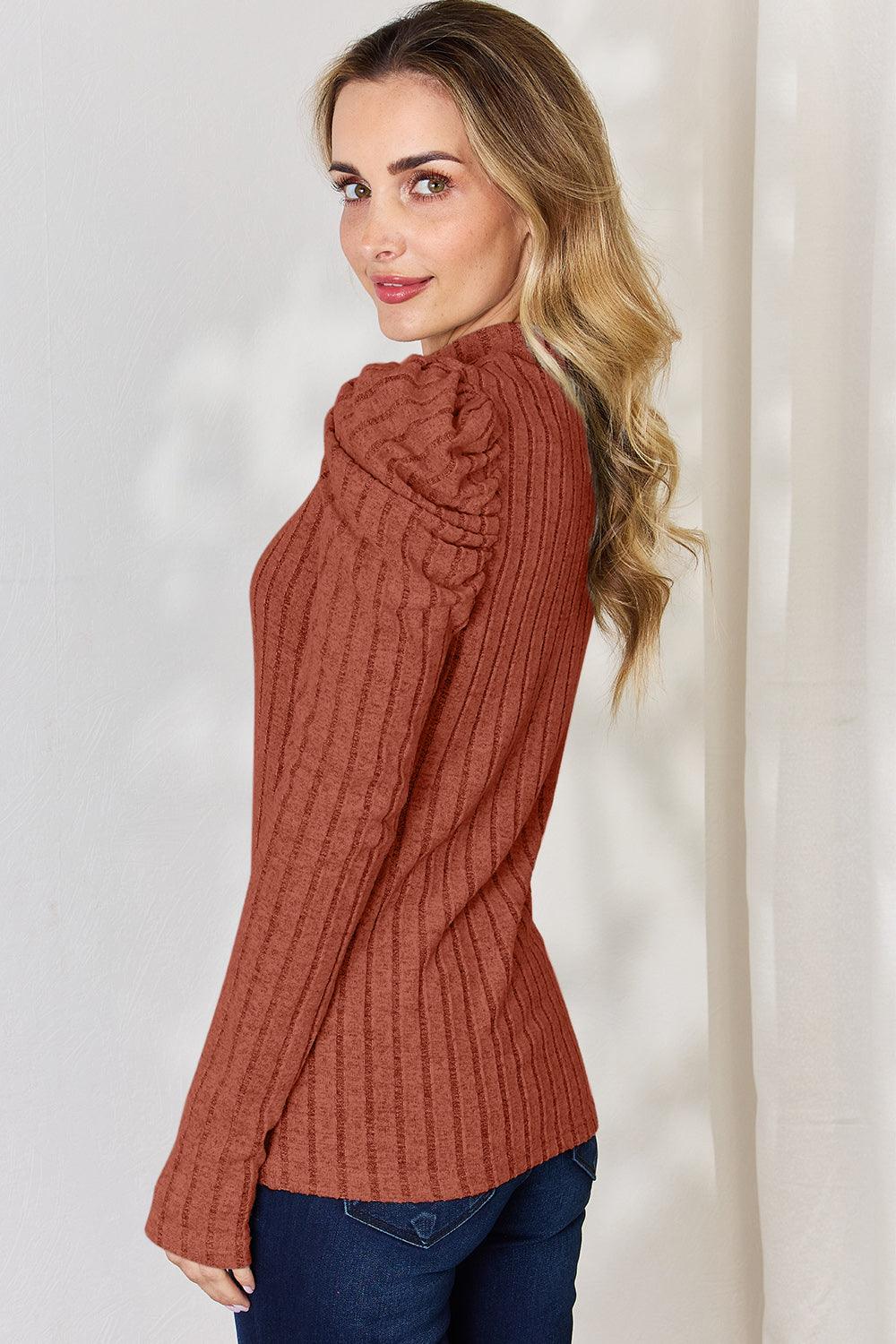 Basic Bae Full Size Ribbed Mock Neck Puff Sleeve T-Shirt Carauana Store