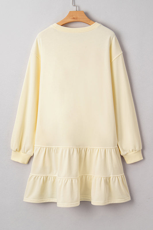 Beige Double Tiered Ruffle Hem Long Sleeve Loose Mini Dress