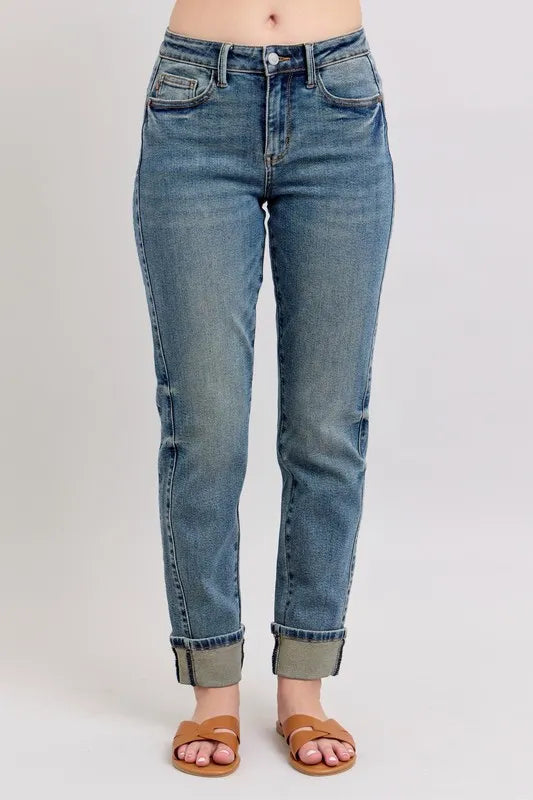 Judy Blue Full Size Mid Rise Vintage Wash Double Roll Cuff Boyfriend Jeans Plus Size