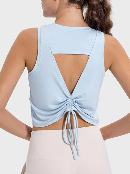 Millennia Drawstring Cutout Round Neck Active Tank Carauana Store