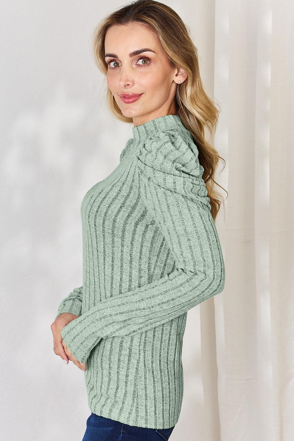 Basic Bae Full Size Ribbed Mock Neck Puff Sleeve T-Shirt Carauana Store