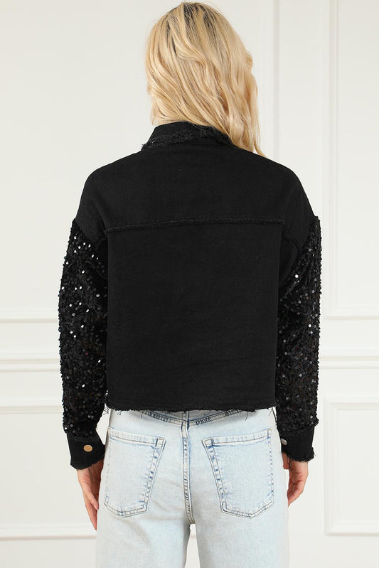 Sequin Button Up Raw Hem Denim Jacket Carauana Store