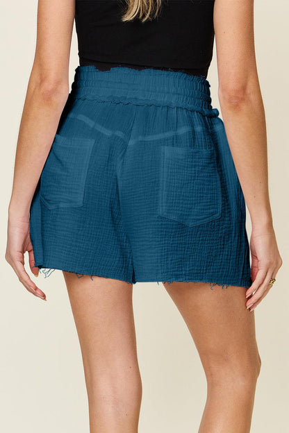 Double Take Full Size Texture Raw Trim Drawstring Shorts Carauana Store