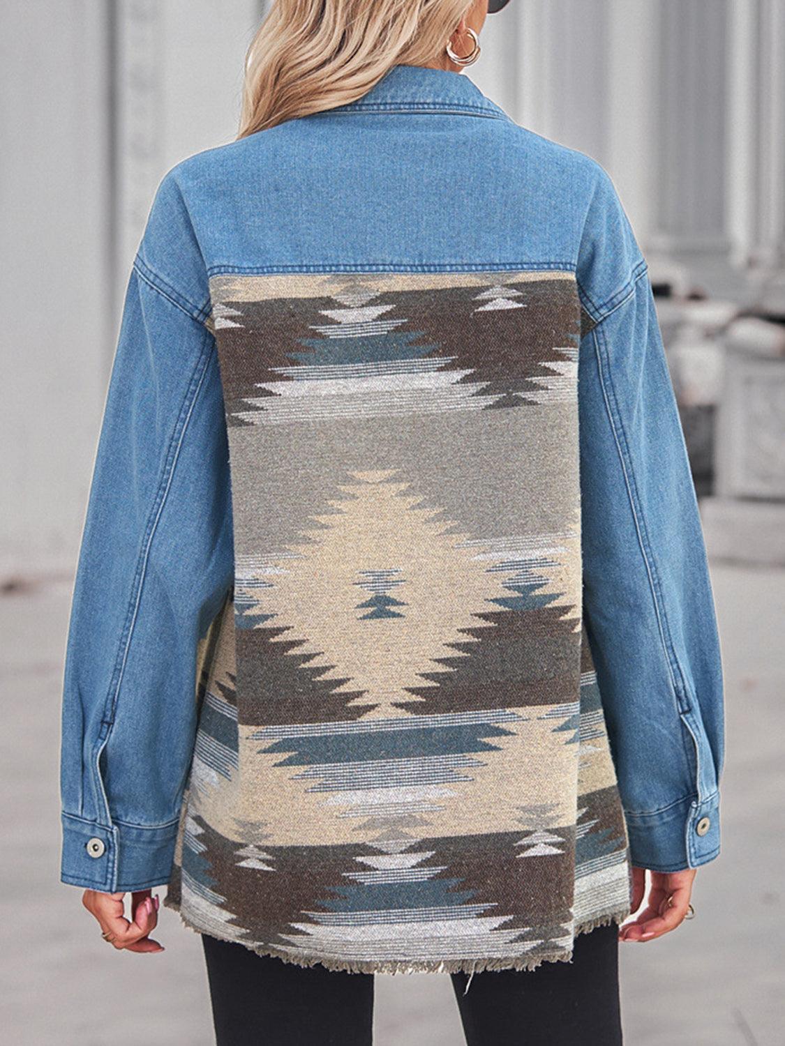 Geometric Raw Hem Button Up Denim Jacket Carauana Store