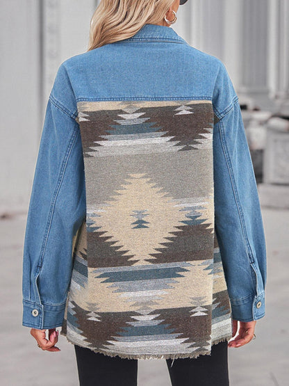 Geometric Raw Hem Button Up Denim Jacket Carauana Store