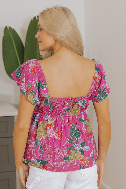 Purple Floral Print Sweetheart Neck Flutter Sleeve Blouse