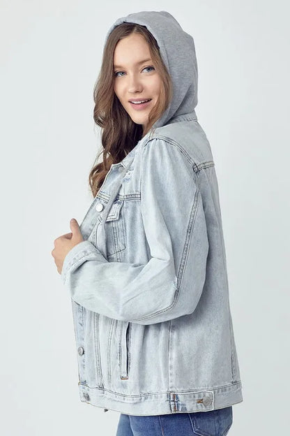 RISEN Full Size Distressed Drawstring Hooded Denim Jacket Carauana Store