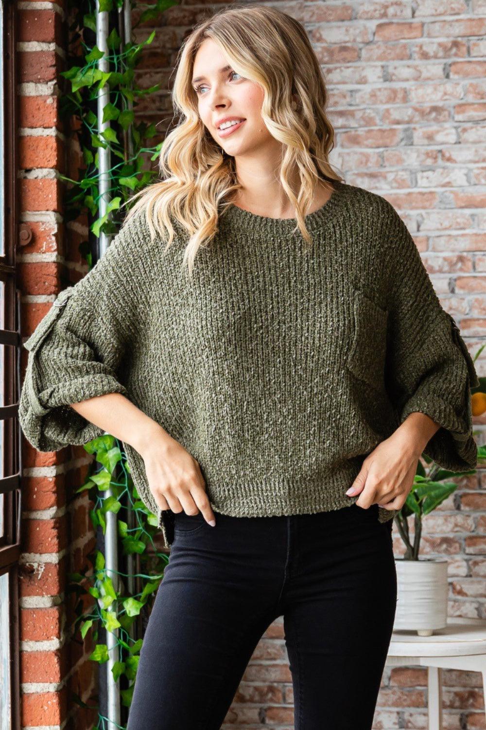 Veveret Round Neck Roll-Up Sweater Carauana Store