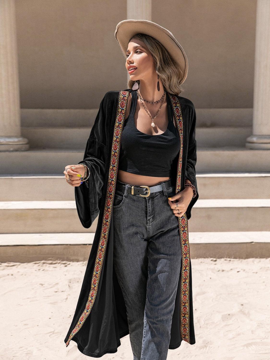 Printed Trim Open Front Flare Sleeve Cardigan Carauana Store